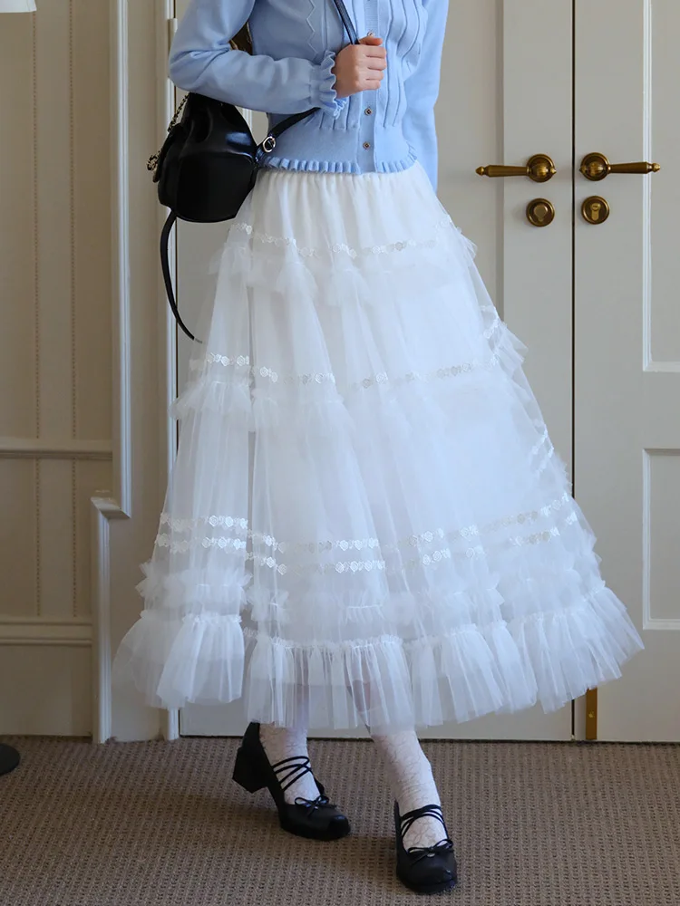 Original Design White Beautiful Mesh Half-length Long Skirt Super Fairy-tale Layered Cake Skirt Women's Autumn Commute