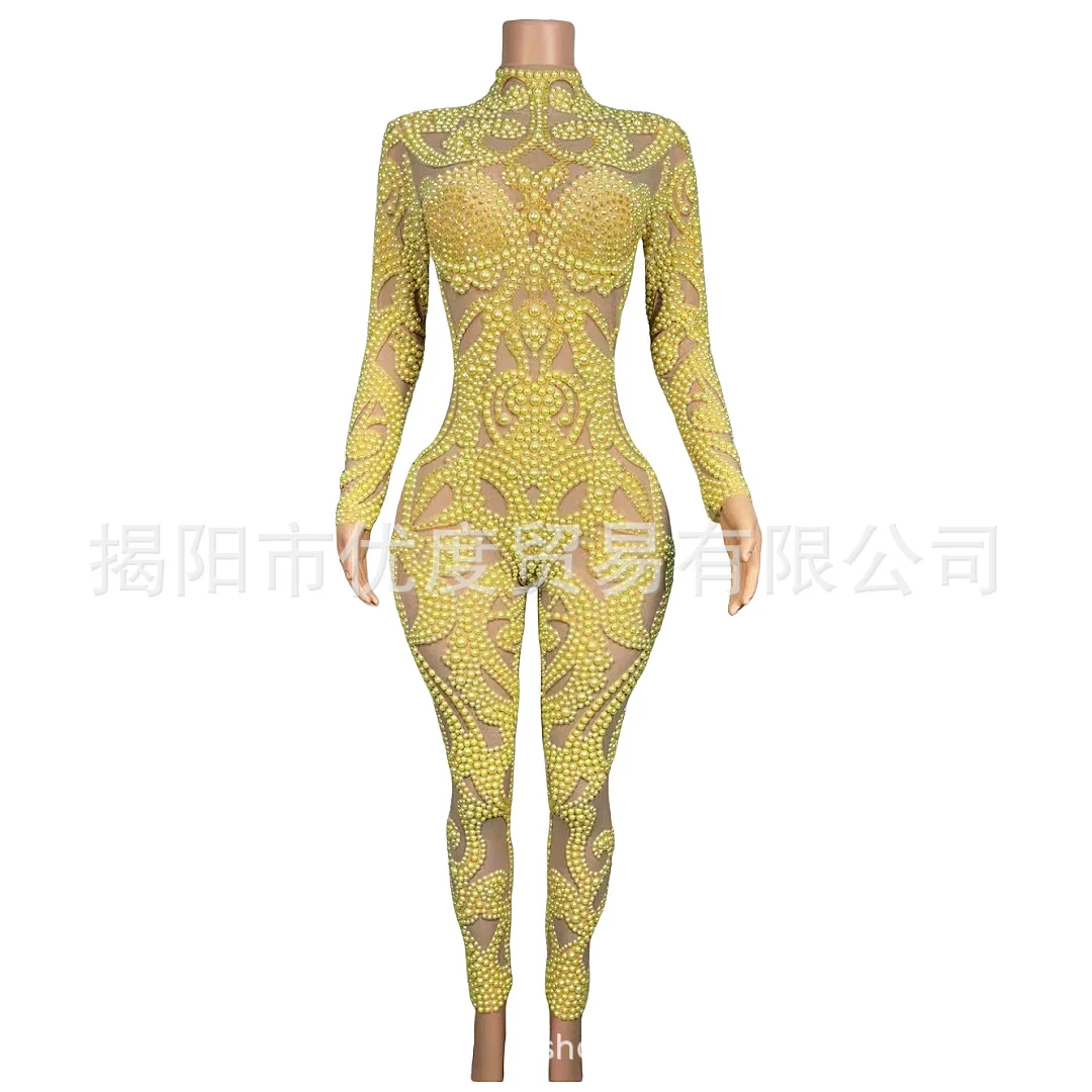 

Design Heavy Industry Pearl Mesh One-piece Female Singer Birthday Night Reception Stage Performance Costume Pearl Pants Vestito