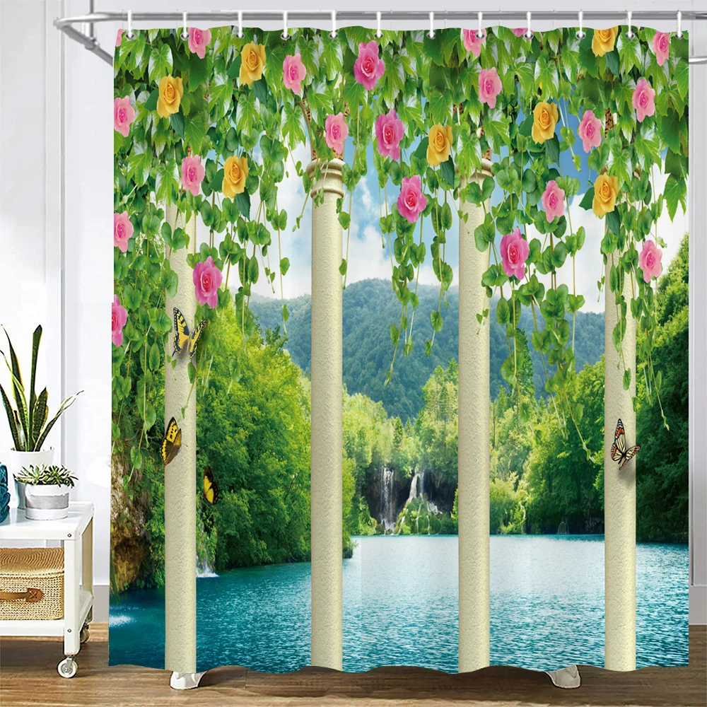 

Natural Scenery Shower Curtain Pastoral Flowers Landscape Printing Home Bathtub Decor Waterproof Polyester Bathroom Curtains