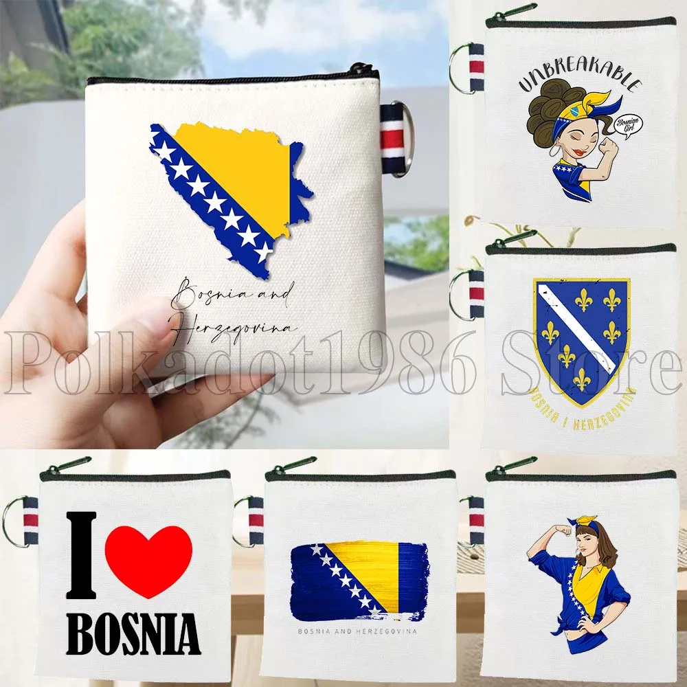 Bosnia Herzegovina Flag Map Bosnian Gifts Canvas Coin Purse Bag Small Square Key Bag Storage Card Bag Cotton Wallet Zipper Pouch