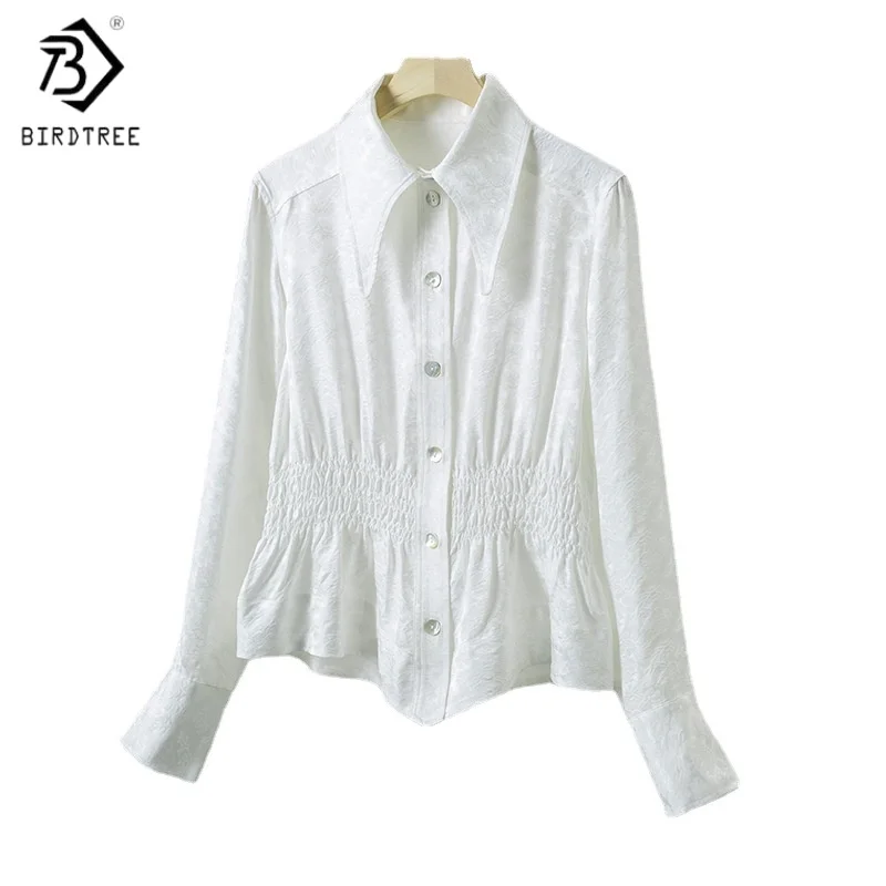 

Birdtree,19MM 100% Real Silk Solid Blouse,Women's Jacquard Plain Satin Tops,Full Sleeve Lapel Shirt,2025 Autumn New T5D701JF