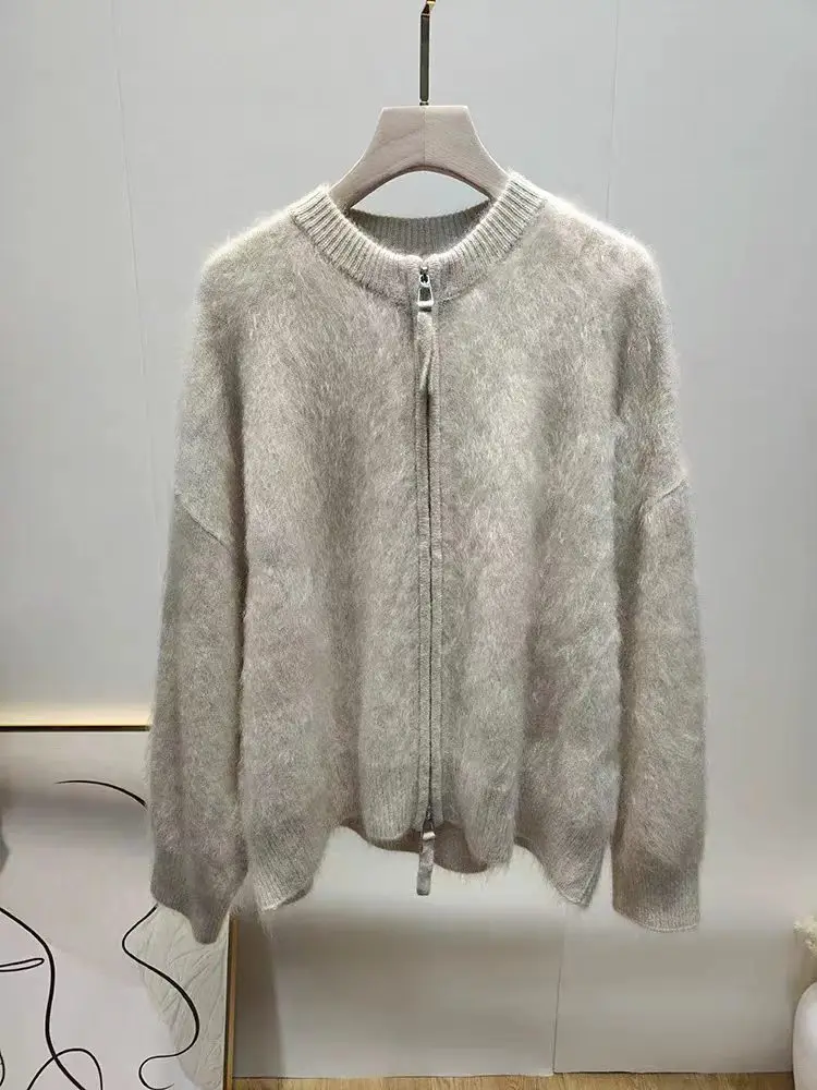 Women's High-End Solid-Color Brushed Zip-Up Cardigan with Crew Neck (Autumn/Winter)NO.39