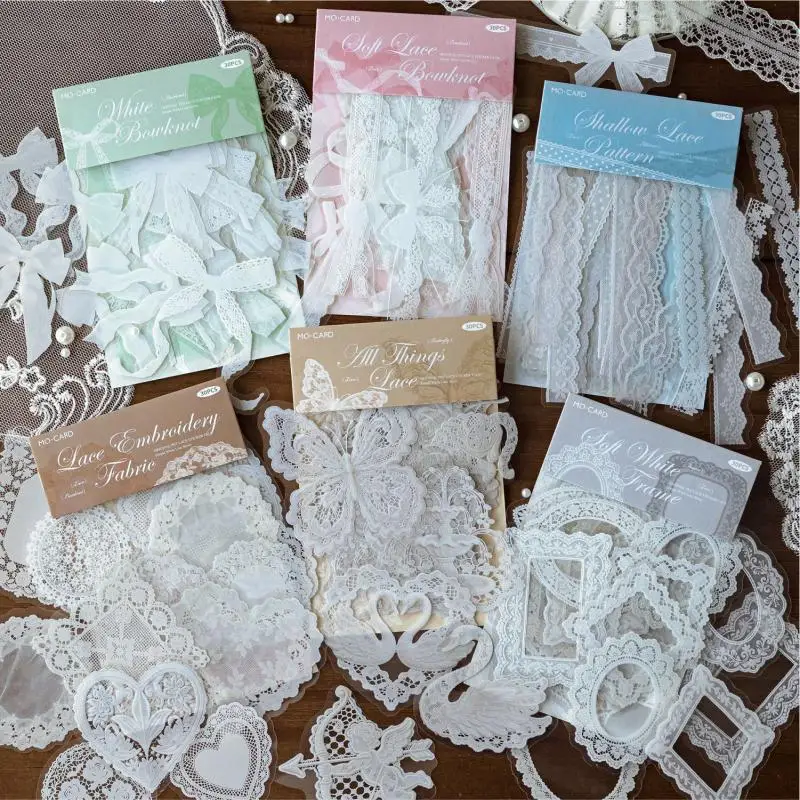 30pcs/set Pet Sticker White Lace Creativity Hand-painted Lace Pattern Material Hand Account Diy Decoration Gift Collage