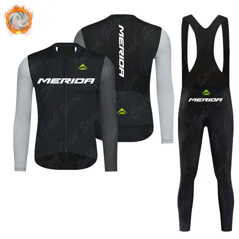 Team Merida Winter Cycling Set Thermal Fleece Bicycle Clothing Long Sleeve Jersey Road Bike Clothes Ropa Ciclismo MTB Uniform