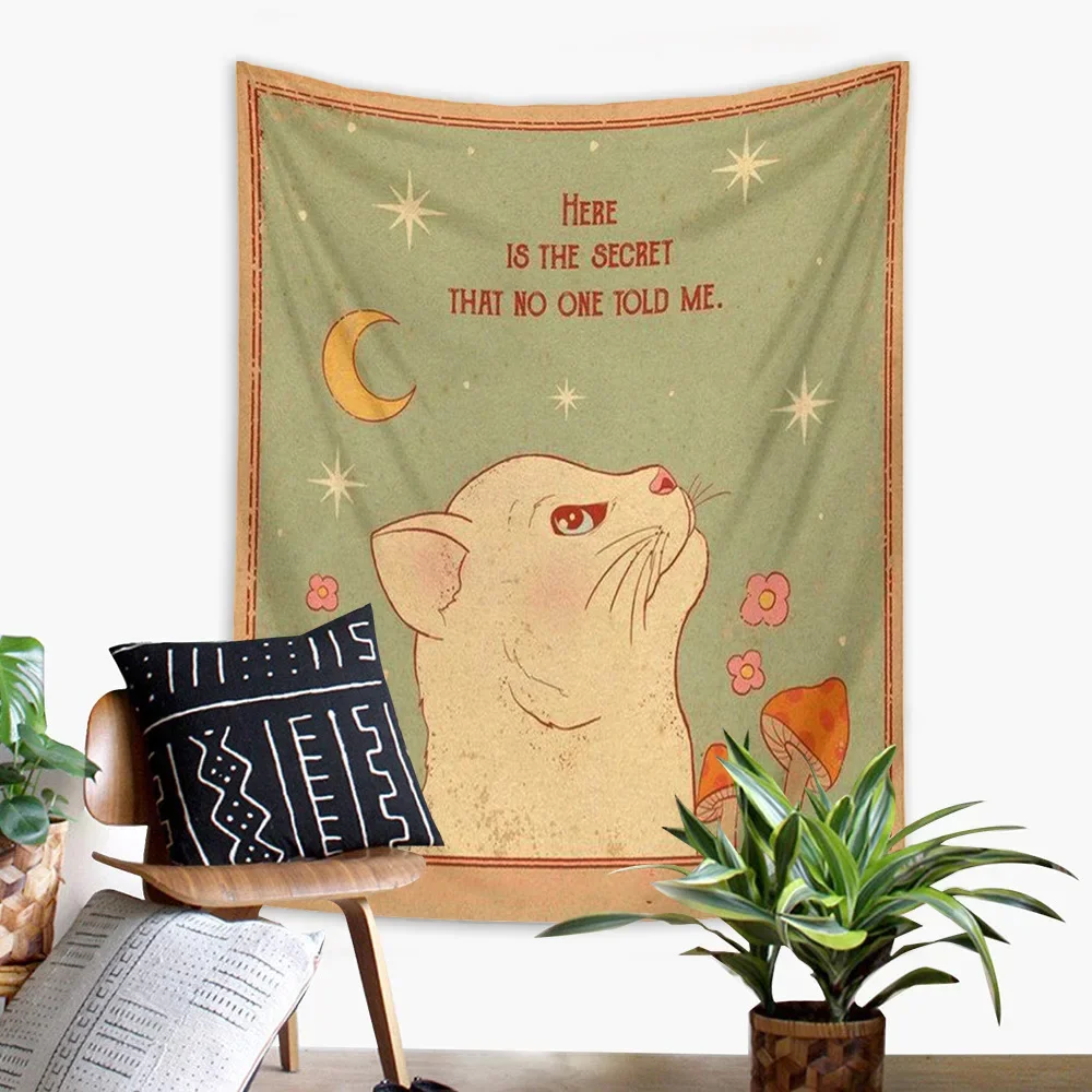 Sun Moon Tarot Tapestry Wall Hanging Boho Tarot Cat Kawaii Room Decor Psychedelic Hippie Tapestry for Kids Room Bedroom Wall Art