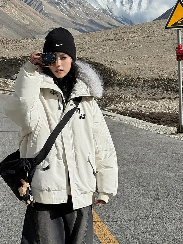 

Retro American Hooded Cotton Jaet Women's Thiened Warm Fur Collar Parka Coat Winter New Sle Korean Loose Fit Long Sve