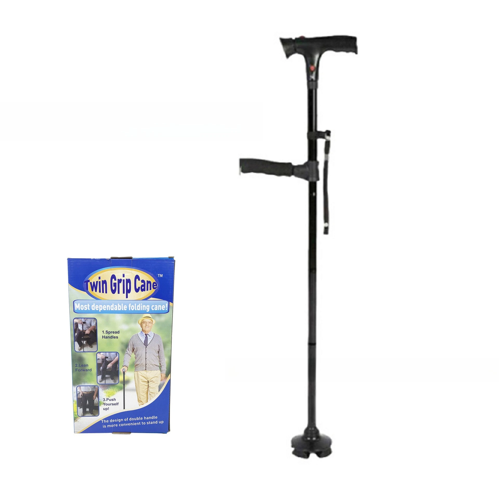 Folding Crutch Elderly Walking Cane Double Handle LED Light Alarm Portable Adjustable Anti Slip Hiking Safety Shock Absorbing