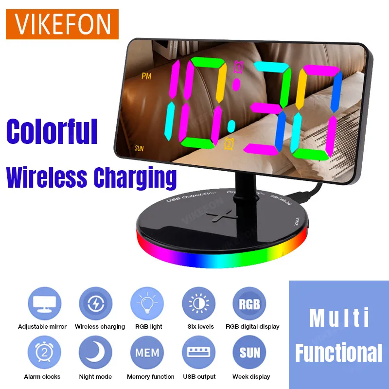 3 In 1 Multifunctional Wireless Charging Stand LED Digital Alarm Clock With Colorful RGB Night Light  Mirror Alarm Clock Holder