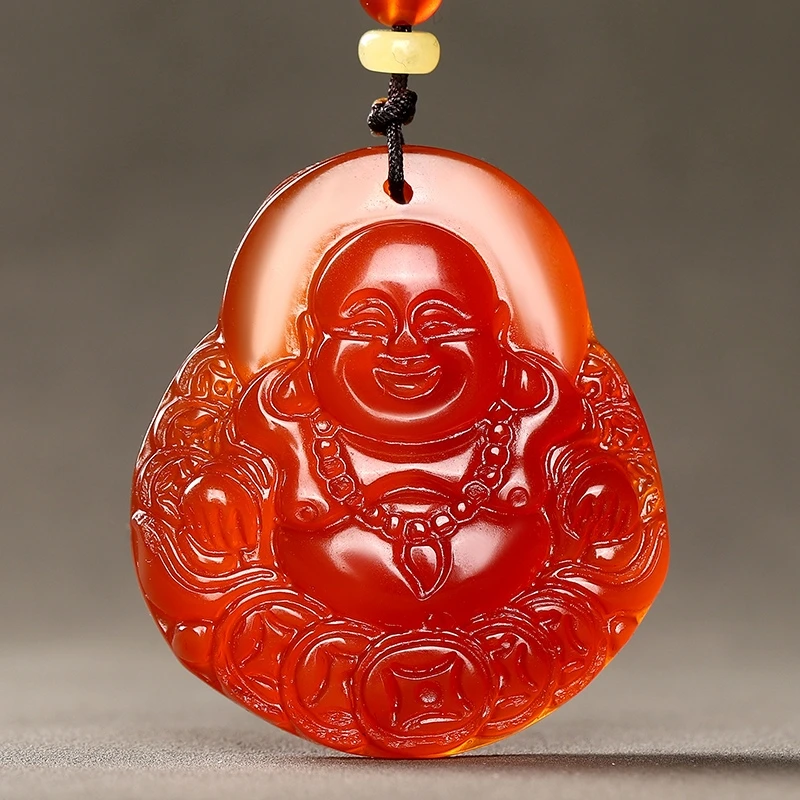 Exquisite Red Calcedony Pendant Happy Buddha Amulet Red Agate Bless Talisman Magical Energy