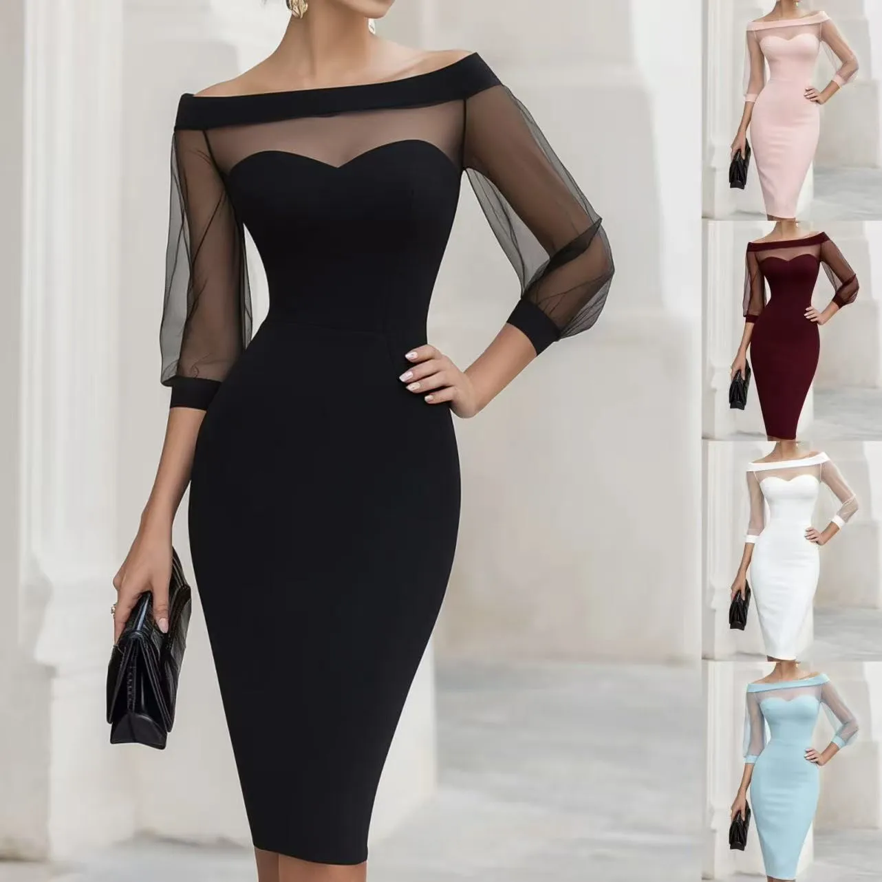 Black Off Shoulder Dress with Mesh Panel and Sheer Mesh Sleeves, Heart Neckline High Waist Sleeveless Knee Length Elegant