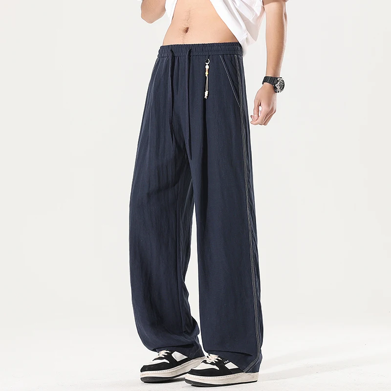 Men's Linen Blend Straight Leg Pants Lyocell Thin Loose Pants Breathable Drawstring Waist Casual Trousers with Side Stitch