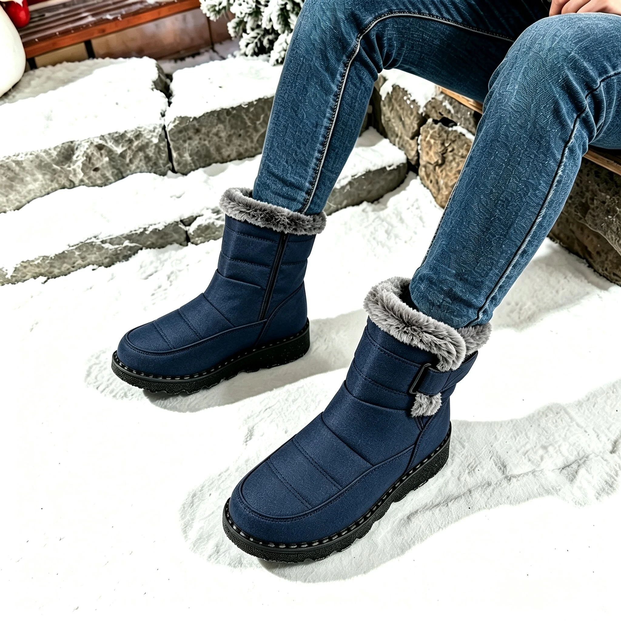 Damen Winter Pelzige Plateau-Schneestiefel 2026 Trend Wadenlange Winterstiefel Wasserdicht Rutschfest mit Schnalle Warm Flauschig Outdoor – Detail 17