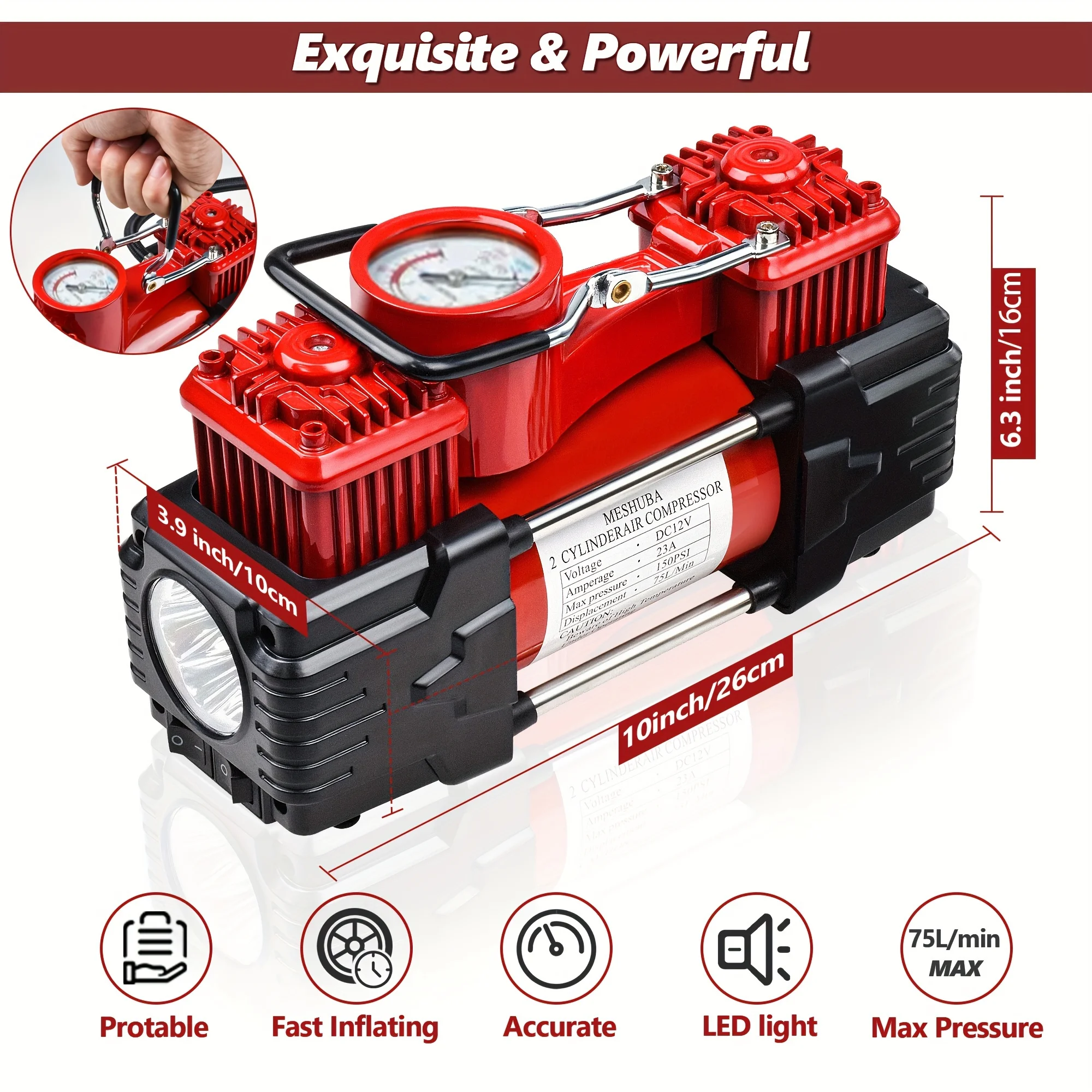 Twin Cylinder Air Compressor 12V Portable Heavy Duty Tire Inflator with Accurate Gauge Emergency Light Car Pump for Vehicle, Bic - Image 2