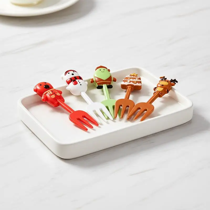 10 Pcs Cute Cartoon Christmas Fruit Forks Reindeer Snowman Santa Pattern Reusable for Kids Lunchbox Xmas Gathering Supplies