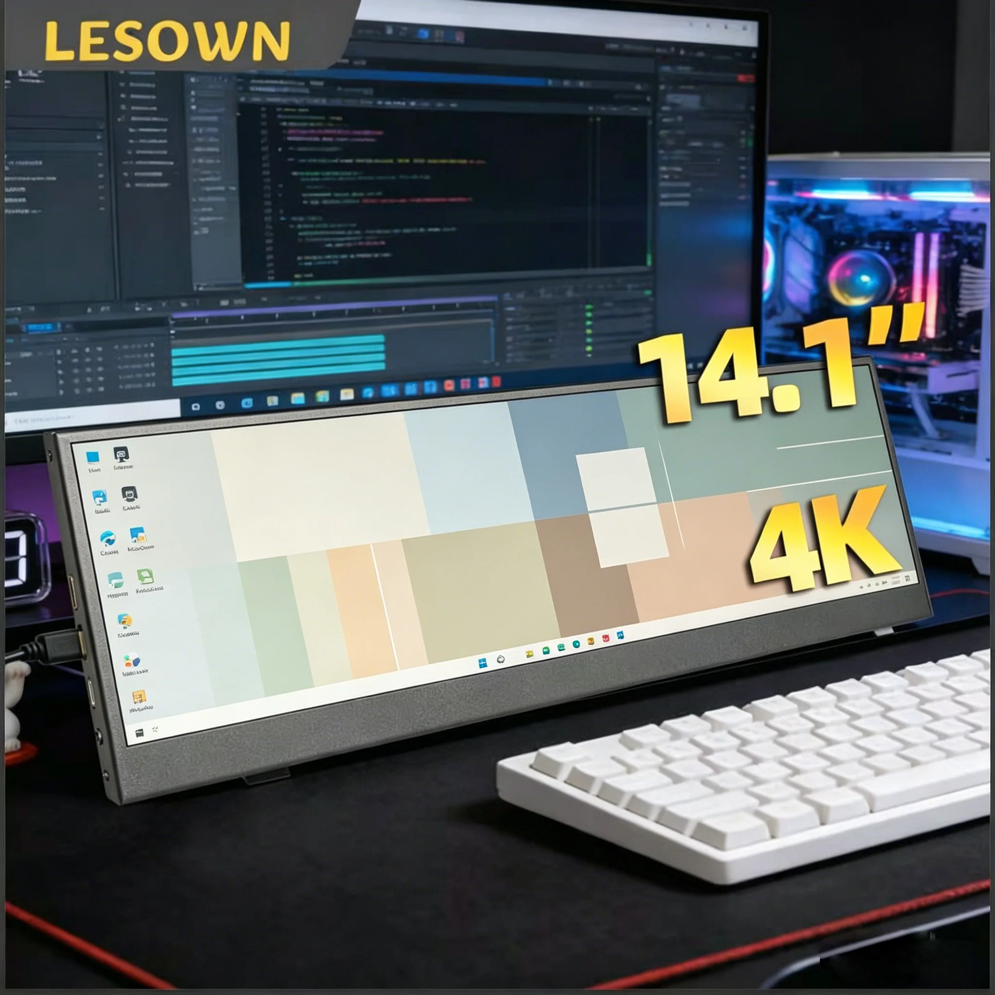 LESOWN 14.1 Inch Side Monitor Portable 3840x1100 IPS LCD Stretched Bar USB-C Display External Horizontal Monitor for Laptop PC