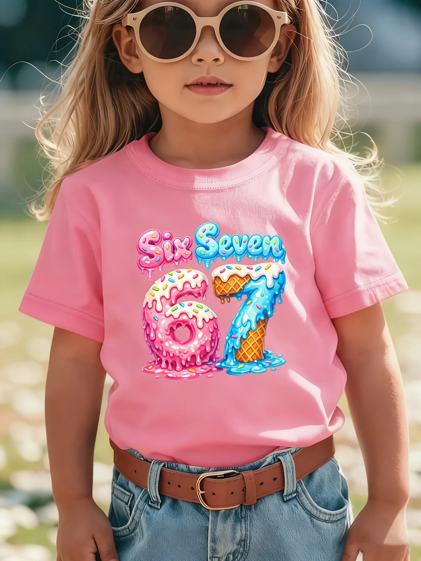 Kids Clothes 67 Six Seven Graphic Cotton Tee Fashion Short-Sleeve T-Shirt for Girls Birthday Gift 6 7 Cartoon Donut Design Top
