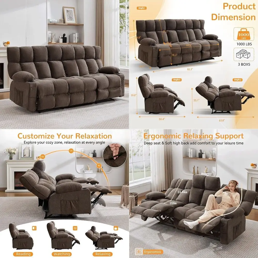 

Manual Recliner Sofa Set, 3 Seat Recliner with Side Pockets and Cup Holders, Sofa Couch with Adjustable Footrest for Living Roo