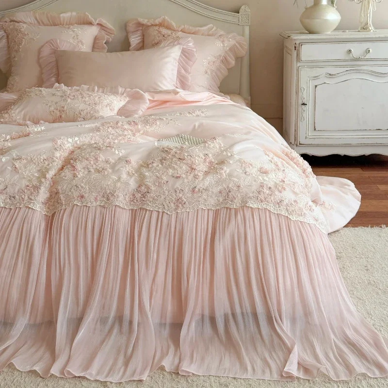 Bedroom Girl High-end All Cotton Long Staple Cotton Bedding 4-piece Set Pure Cotton Lace Duvet Cover Premium Bed Cover Bedding