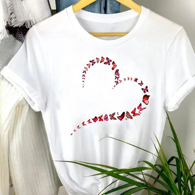 

White Heart Themed Stylish Graphic T-Shirt Women's Featuring Unique Butterfly Formed Heart Minimalist Heart Design Top