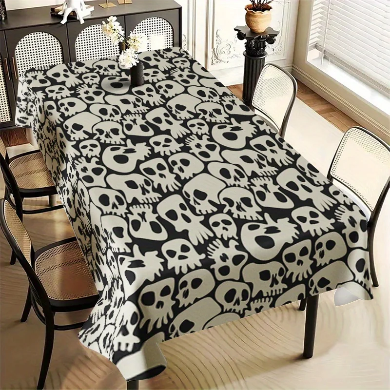 1pc Gothic Tablecloth, White Skull Flower Moth Pattern Decorative Tablecloth, for Dressing Table, Farmhouse Wedding, Party, Vaca