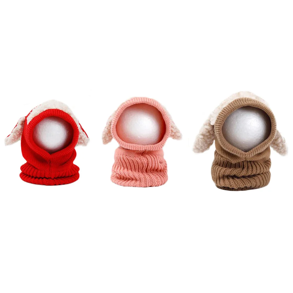 

Pink Winter Baby Kids Dog Design Keep Warm Knitted Woolen Coif Hood Scarf Caps Soft Thick Sheep Design Caps Knitted Woolen Coif
