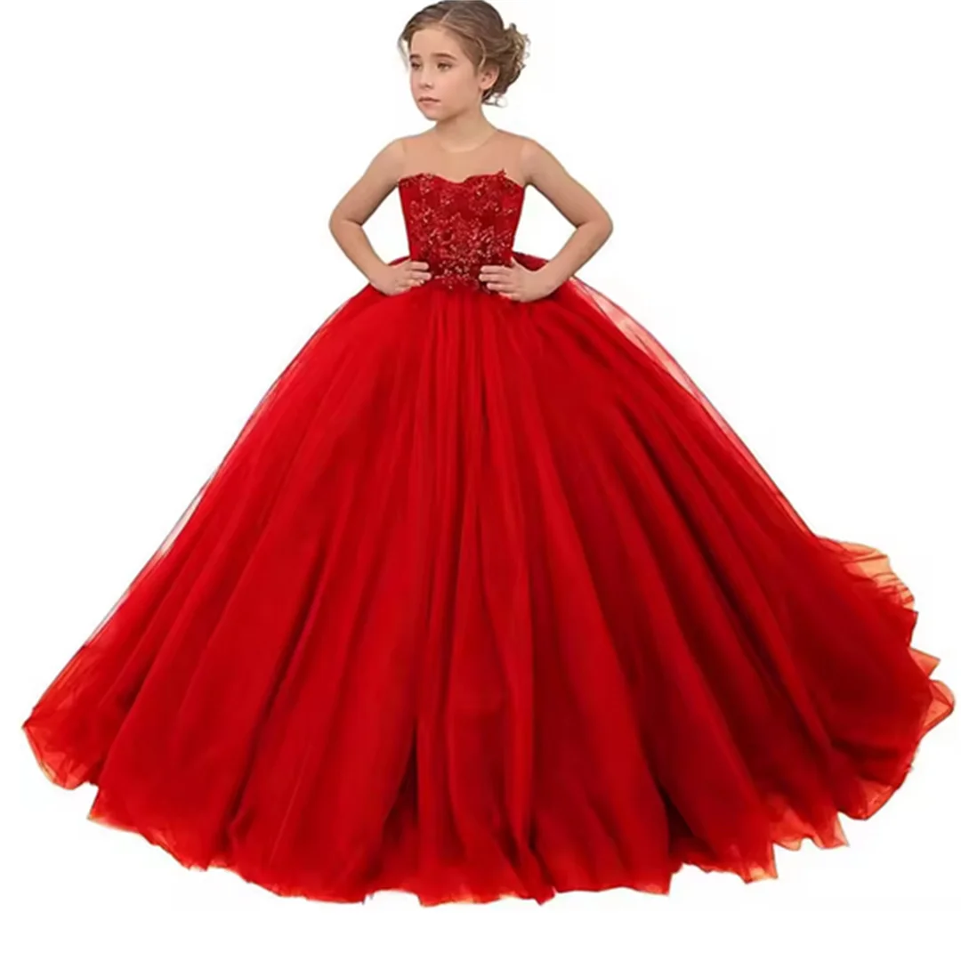 Тюлевые платья с цветочным узором для девочек, кружевные аппликации, длинные вечерние бальные платья принцессы на свадьбу для детей