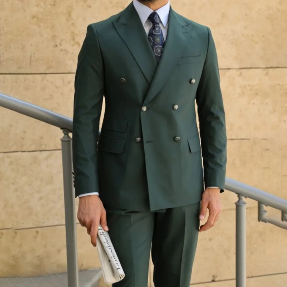 Classic Green Suits for Men Double Breasted Formal Business Blazer Wedding Groom Slim 2 Piece Jacket Pants Costume Homme