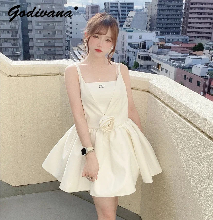 

2025 Spring Summer Women's Sweet Short A-line Dress Japanese Style New V-neck Three-dimensional Rose Flower Short Sling Dress