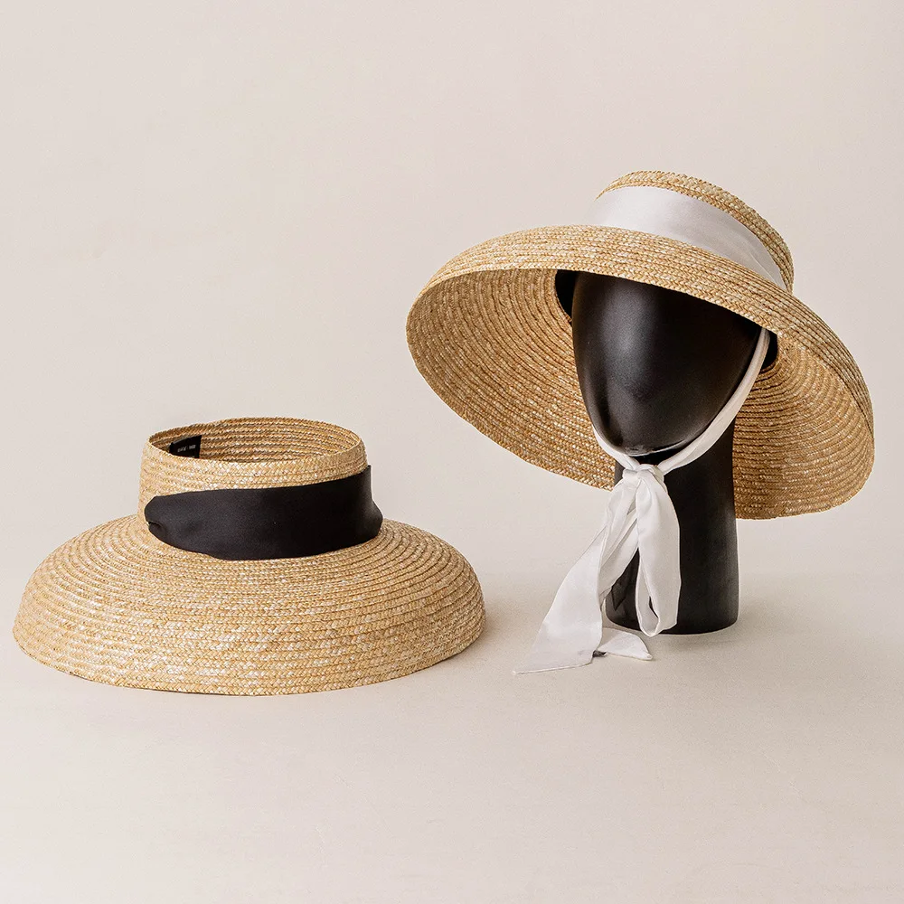 French Retro Hollow Top Straw Hats for Women Summer Outdoor Sun Protection Hat with Straps Wide Brim Beach Cap Casquette Femme