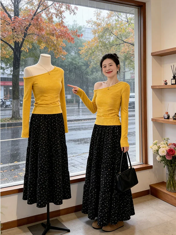 

Spring Fashion High Waist Floral Halter Neck Two-Piece Set Women's Clothing Casual Style Long Sleeve Polyester Fabric