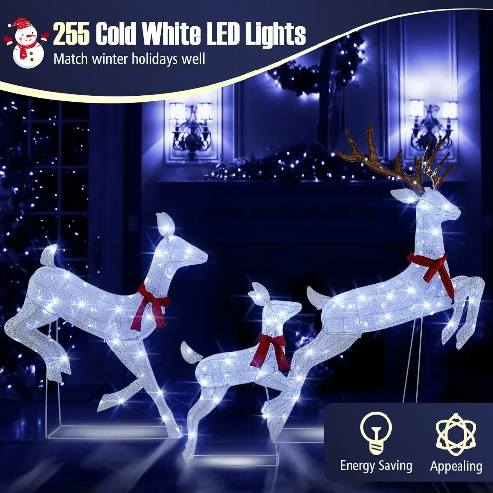 Christmas Lighted Reindeer Family Set, Xmas Pre-Lit Reindeer with 255 Cold White LED Lights, Ground Stakes & Zip Ties