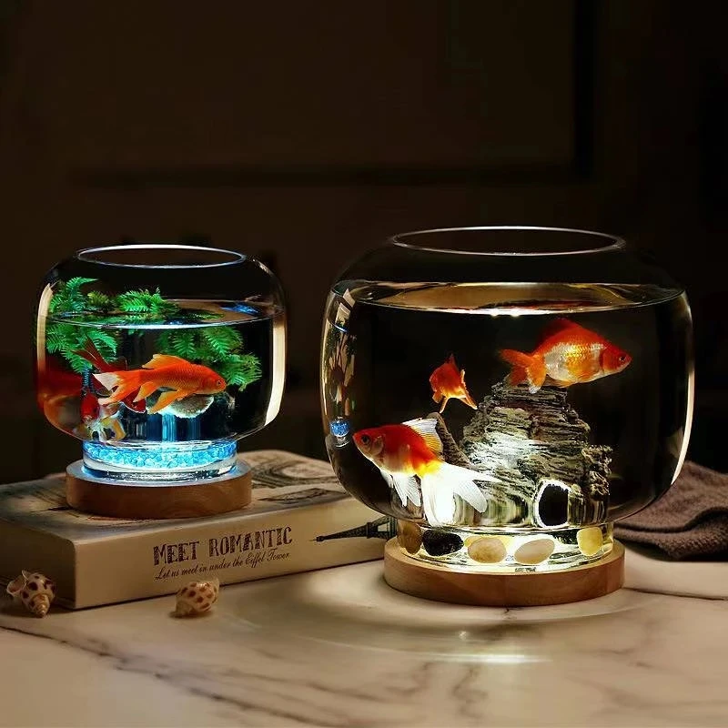 best fish tank accessories for goldfish Aquarium creative small round glass fish tank ecological goldfish tank base  lighting fighting fish tank aquarium accessories 5V,