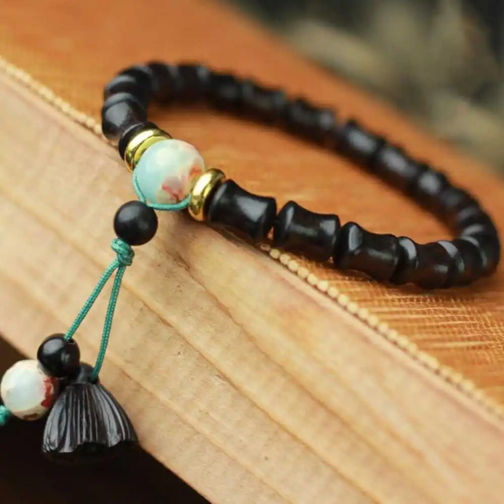 10MM Ebony Bamboo joint Cuff Mala Buddha Lucky Bracelet Blessing Jewelry Diy Elegant Buddhism Yoga Relief Chakra Men