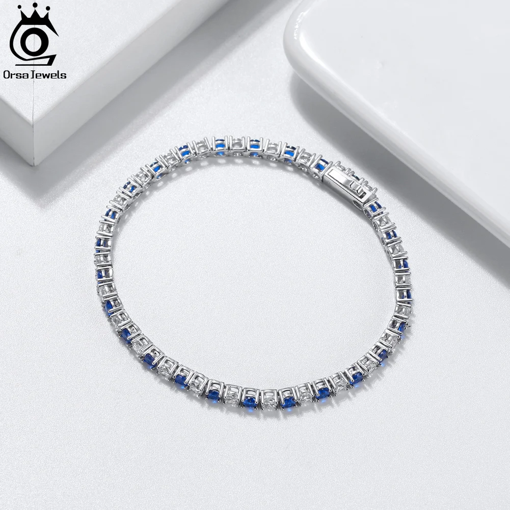 ORSA JEWELS Exquisite 3mm Sapphire Blue Sparkling Tennis Bracelet S925 Sterling Silver Cubic Zirconia Fashion CZ Bracelet SB137