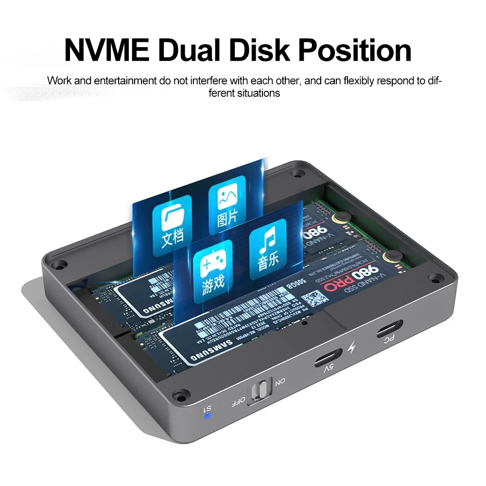 Boîtier de disque dur NVMe SATA SSD double baie M.2 boîtier de disque dur double NVMe 10Gbps USB C 3.2 GEN2 boîtier de disque dur externe adaptateur de boîtier