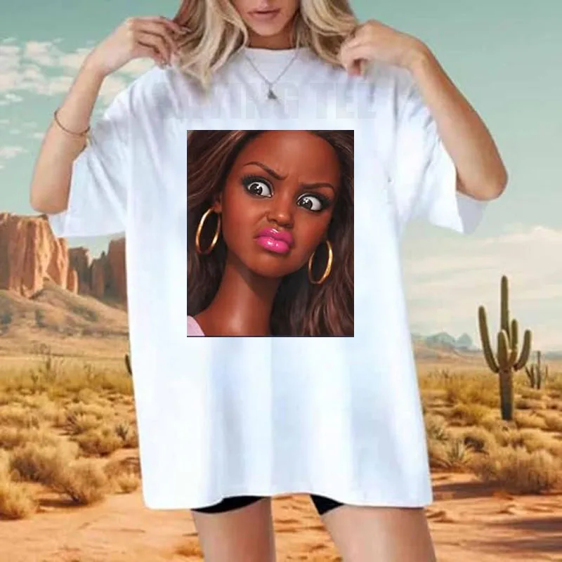Y2k Mädchenmode Lustiges Gruseliges Puppengesicht Meme-Ausdruck Urkomisches Sarkastisches T-Shirt Humor Witz Streetwear Damenkleidung Neuheit