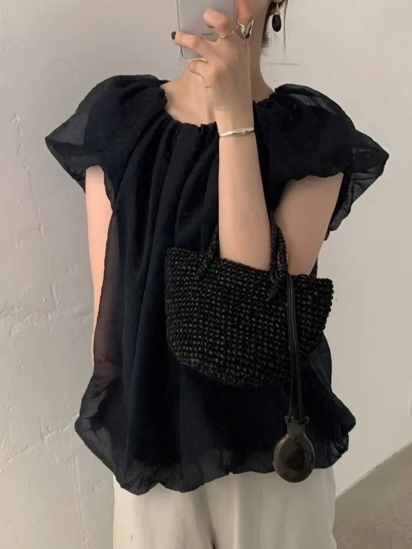 

Faionable Sweet Loose Women's irt Summer Thin Bubble Sve irt Sli Versatile Gentle Loose Blouse Anti-Aging Top