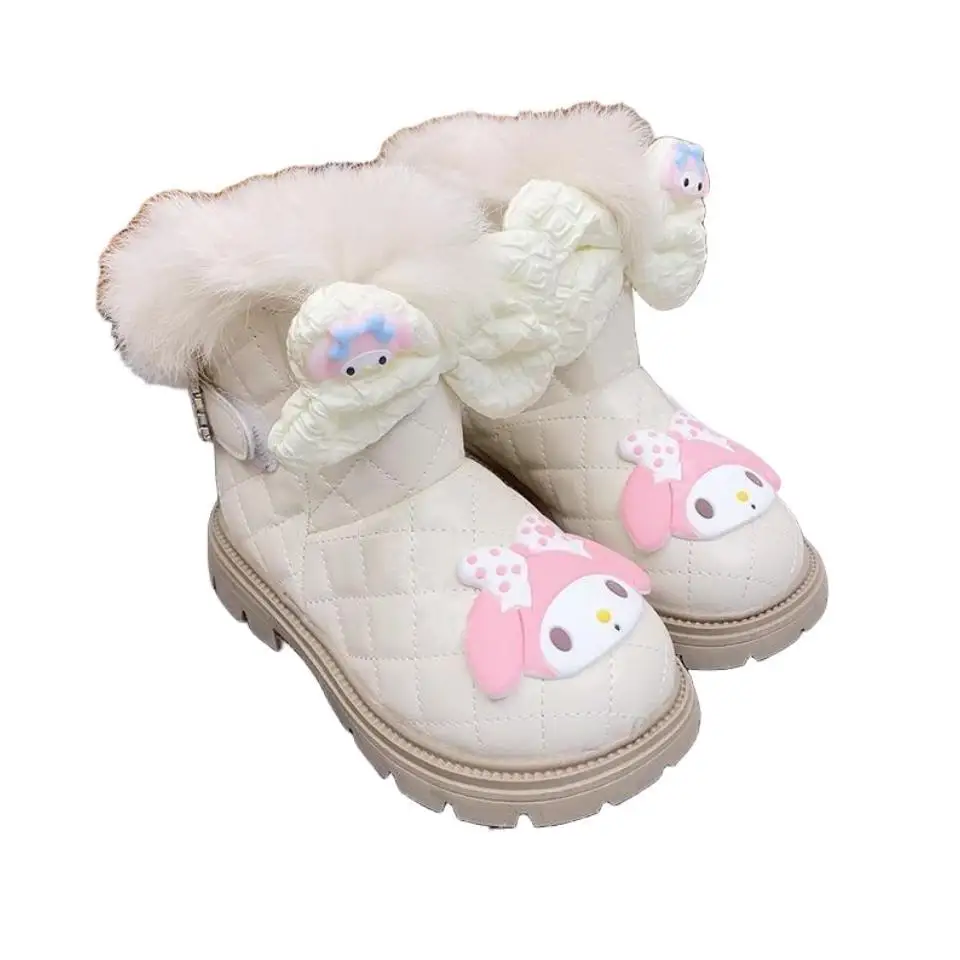 Anime Kawaii Sanrios My Melody Kuromi Kids Snow Boots Cartoon Plus Velvet Bow Fluffy Short Ski Boots Cute Girls Warm Shoes Gifts