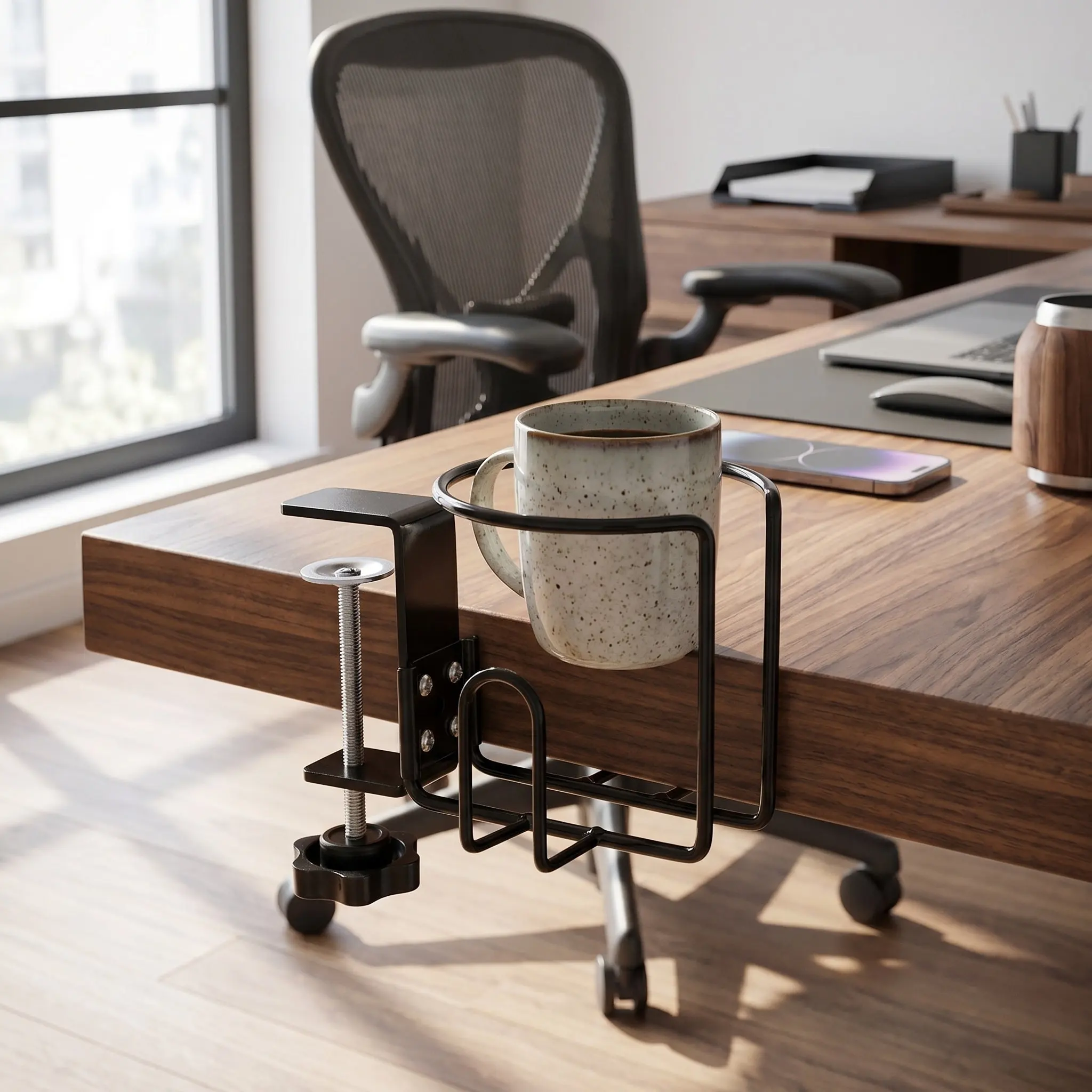 Large Desk Cup Holder Metal Clamp on Clamp on Beverage Holder for Coffee Mug Bottle Office Outdoor Cup Desk Car