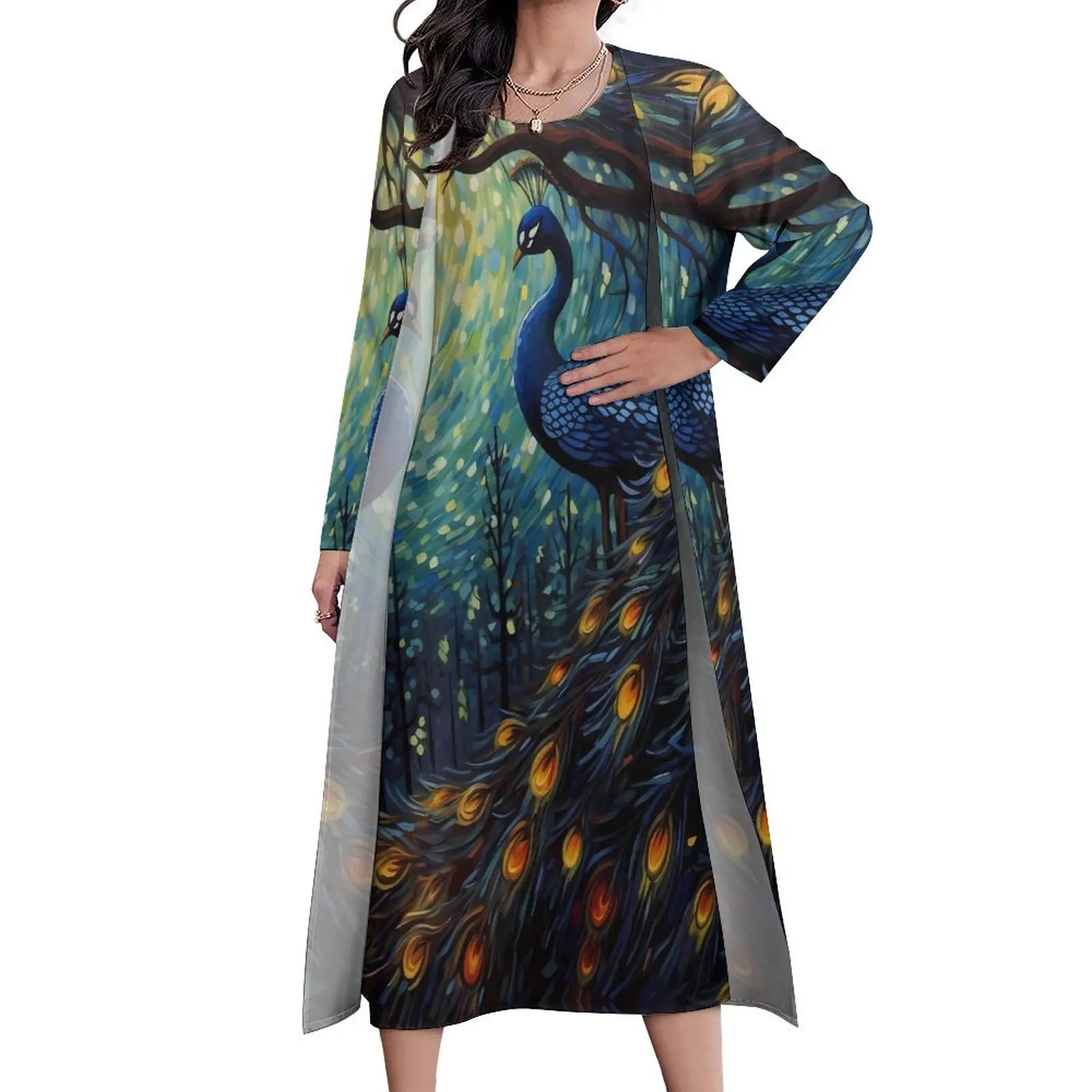 Fantasy Painting About Peacock Dress Autumn  Street Fashion Casual Long Dresses Woman Custom Modern Maxi Dress Big Size 5XL