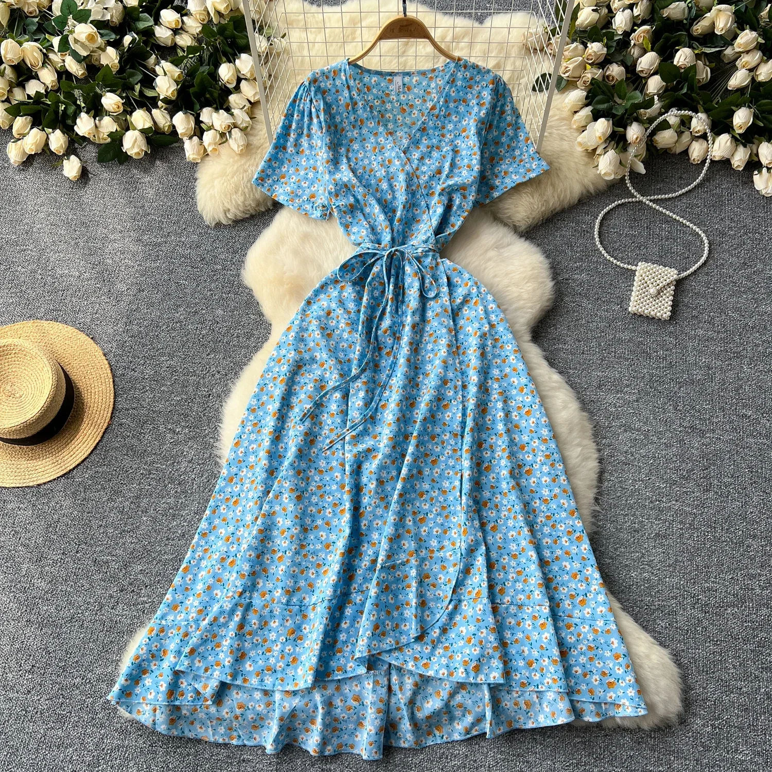 Summer Beach Maxi Dress Women Floral Print Boho Long Dress Ruffles Wrap Casual V-Neck Split Sexy Party Dress Robe Femme