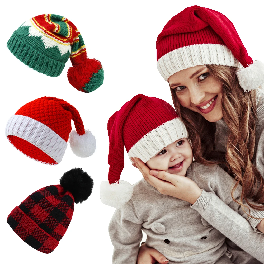 2Pcs Mother Kids Christmas Hat Pompom Winter Baby Beanie Hats Infant Bonnet Children Girls Boys Cap Family Christmas Gift