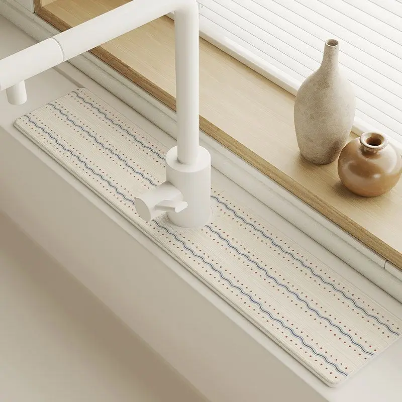 VIKAMA Striped Scallop Sink Faucet Mat, Beige Wave Splash Pad, Non Slip Absorbent Quick Dry Counter Protector, Kitchen Decor