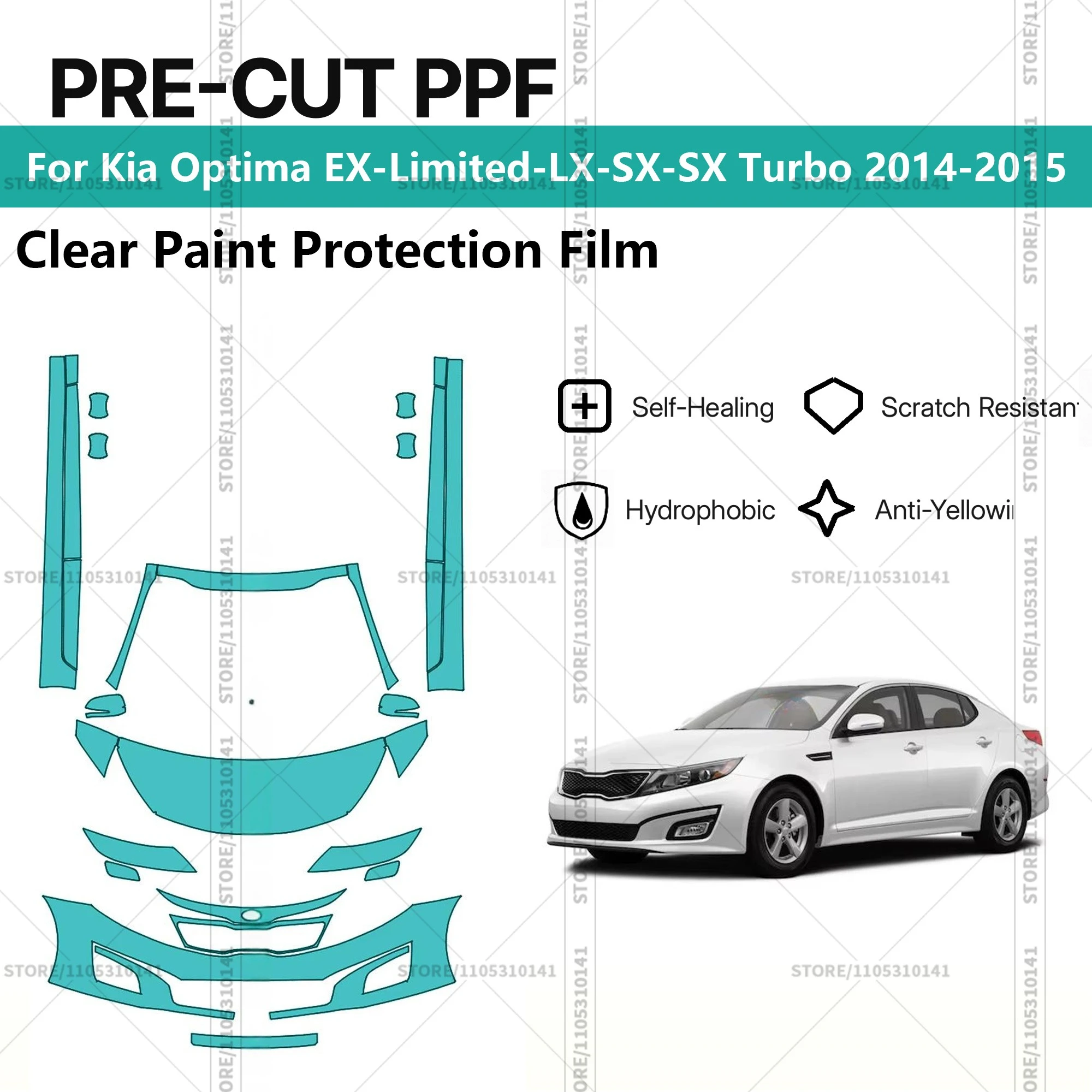 

Для Kia Optima EX-Limited-LX-SX-SX Turbo 2014-2015: Предварительно вырезанная прозрачная защитная пленка (PPF) для автомобиля