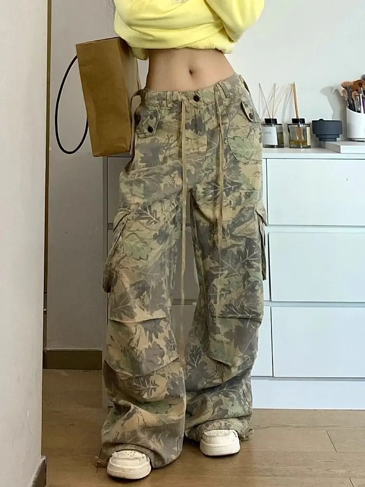 

HOUZHOU Vintage Y2k Camouflage Cargo Pants Women Hip Hop Style Wide Leg Camo Pants Tie-dye Streetwear Grunge Aesthetic 90s Pants