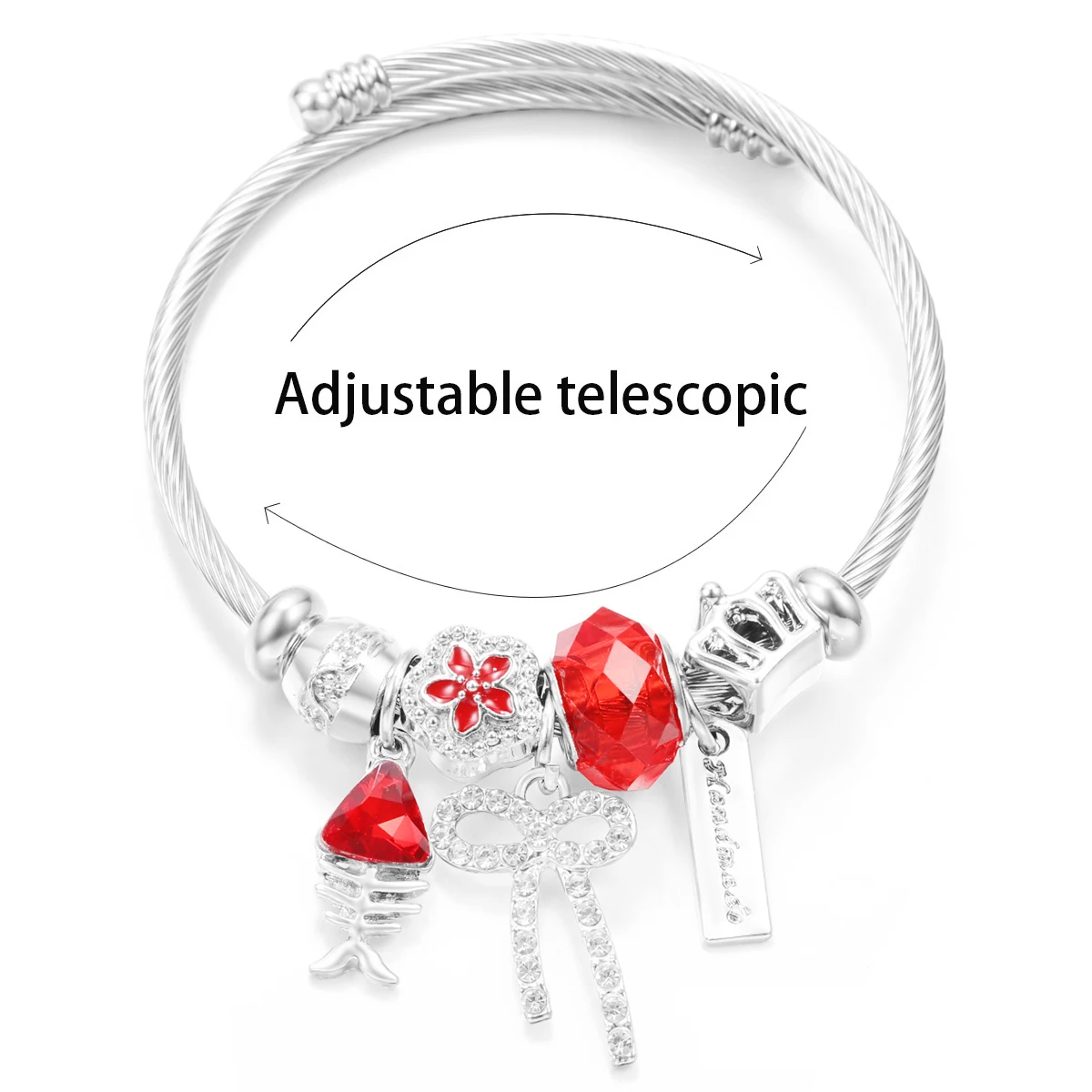 New Rhinestones Bow Fish Bones Crystal Beaded Pendant Bracelet Stainless Steel 4 Colors Closure Bangles Women Bracelet Jewelry