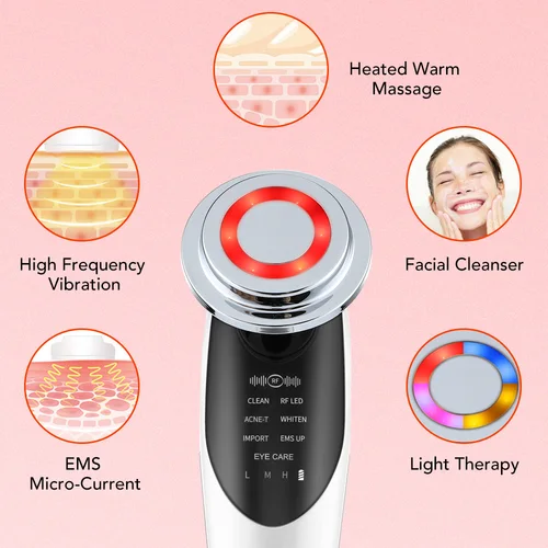 Imagen 2 del producto Dispositivo de Estiramiento Facial 7 en 1, masajeador Facial de rejuvenecimiento de la piel con microcorriente EMS RF + dispositivo de belleza facial para cuello de 3 colores, eliminación de doble barbilla