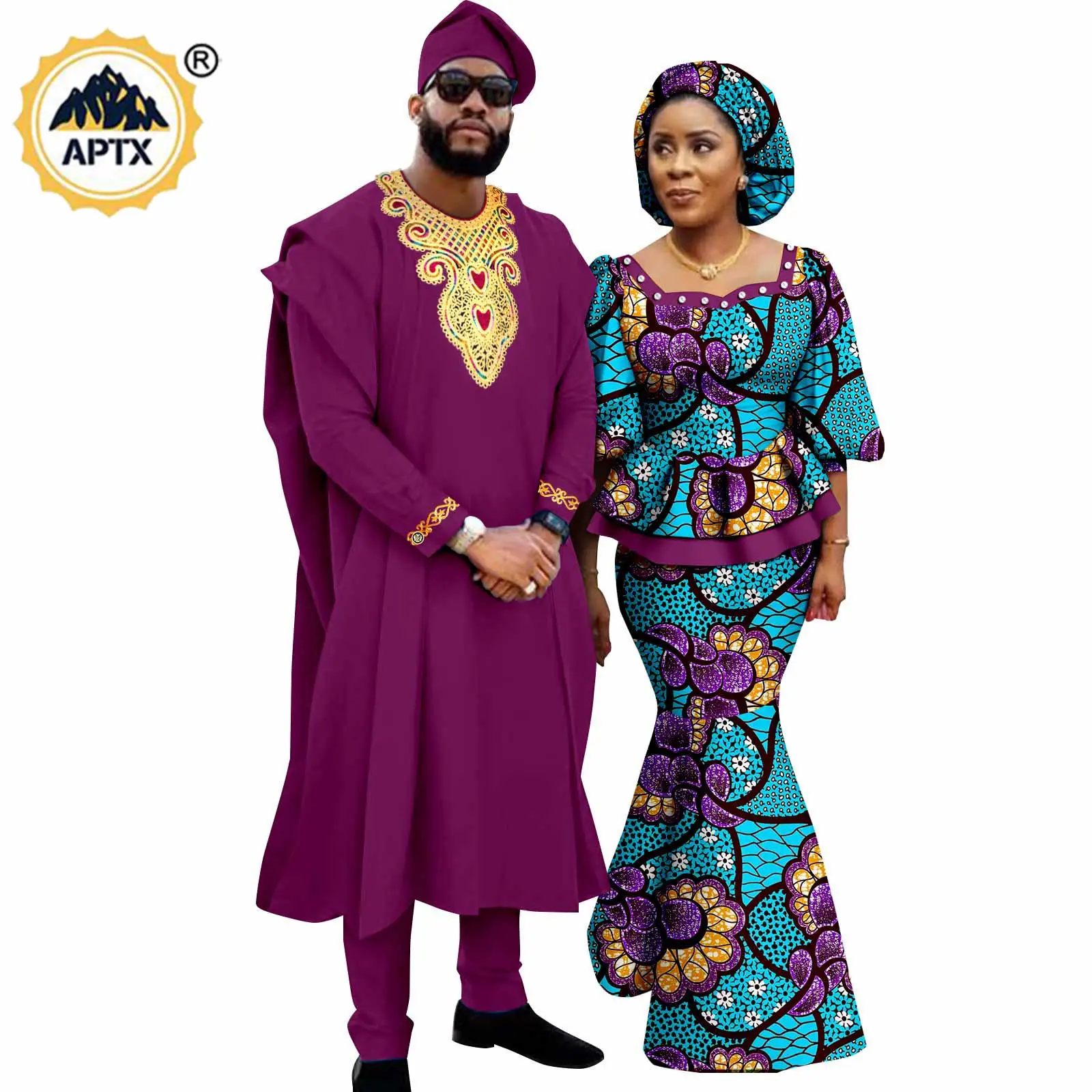 

African Men Clothes Agbada Muslim 4 Pieces Robes Cap Sets Matching Couple Outfits Women Print Top and Skirt Headwrap Y23C060