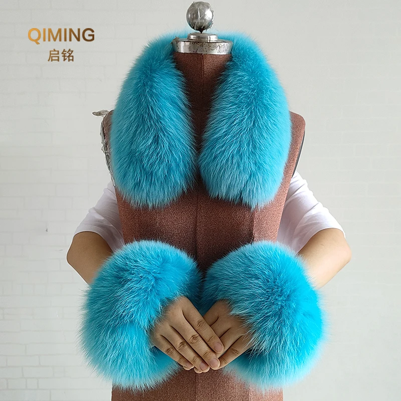 Real Fur Collar Fur Cuffs Set Winter Fox Fur Scarf Neck Warmer Women Coat Decoration Natural Scarves Luxury Thick Shawls Wraps