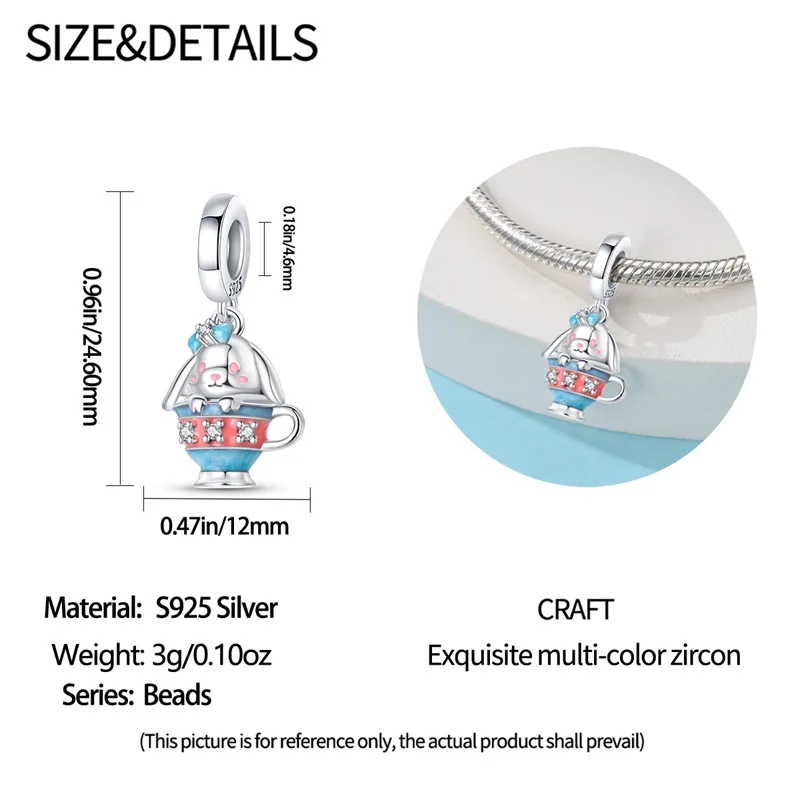 Exquisite 925 Sterling Silver Blue Bow Tea Cup Rabbit Charm Fit DIY Bracelet Necklace Women's Sfternoon Tea Accessories